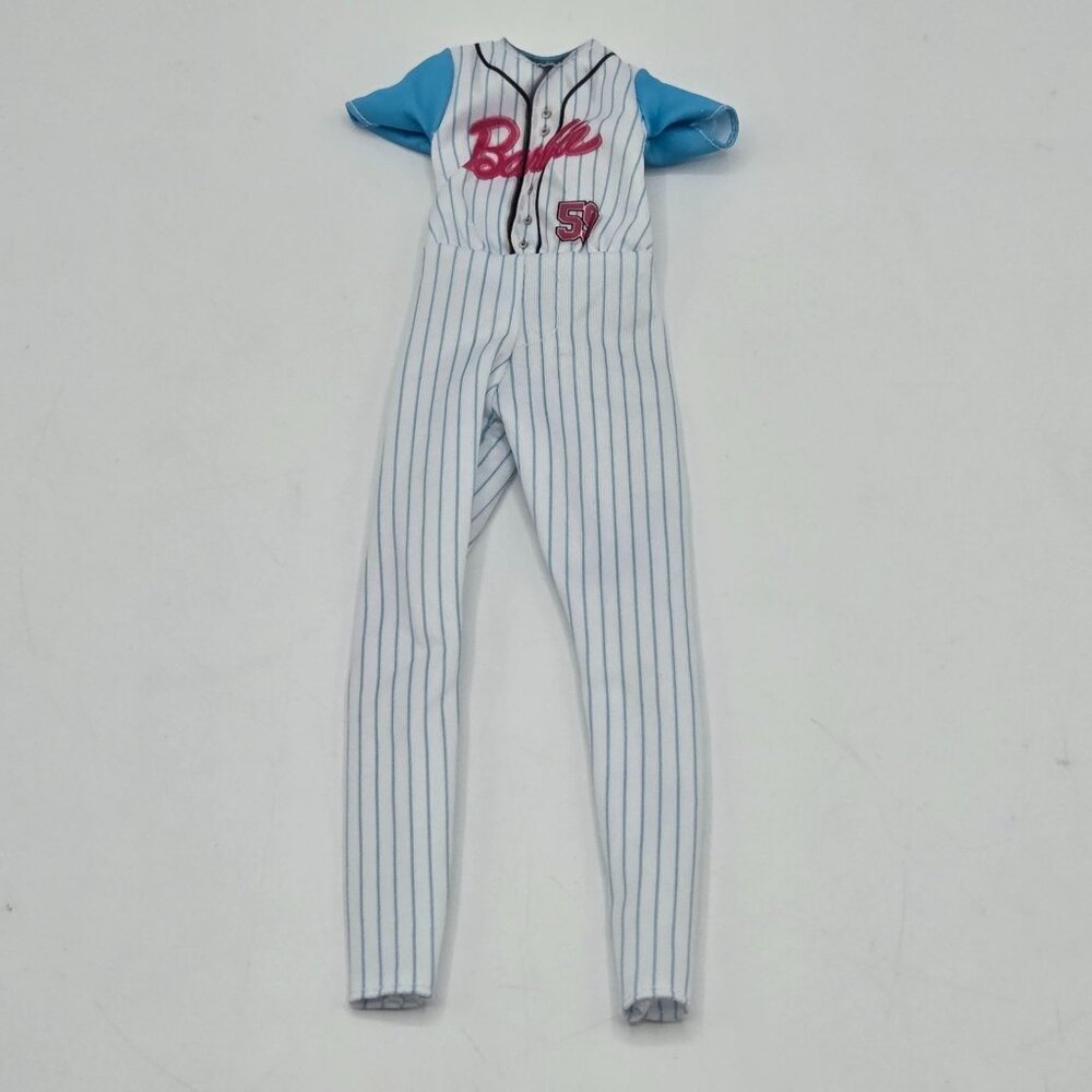 Barbie Doll Baseball Uniform  White & Blue Striped Suit With Pink Logo  2018 Edi